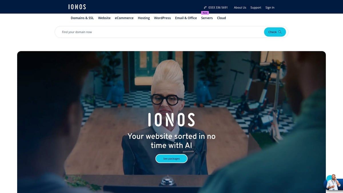 IONOS website landing page featuring a person with a tall hairdo and glasses. Text says 