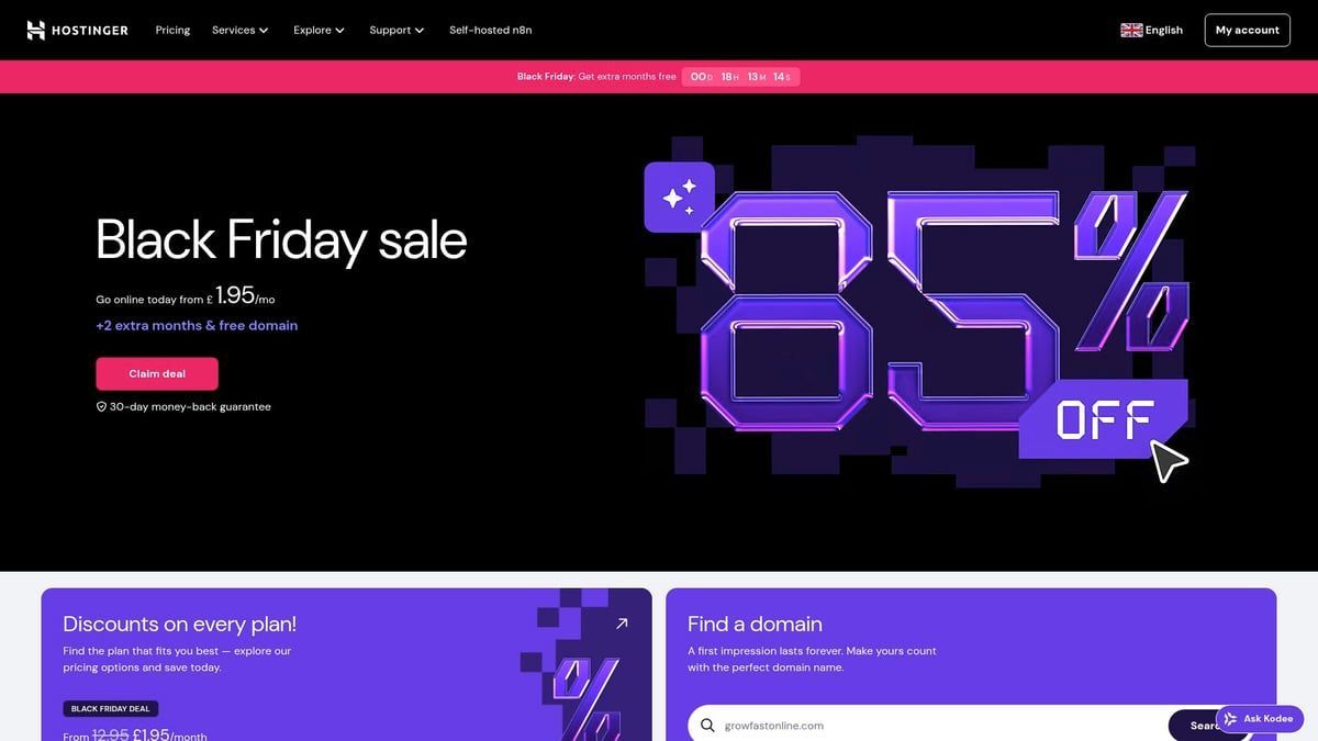 Website homepage, Black Friday sale banner, 85% off, purple and black design.