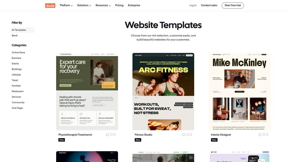Screenshot of a website template page, showcasing various design layouts for web design.