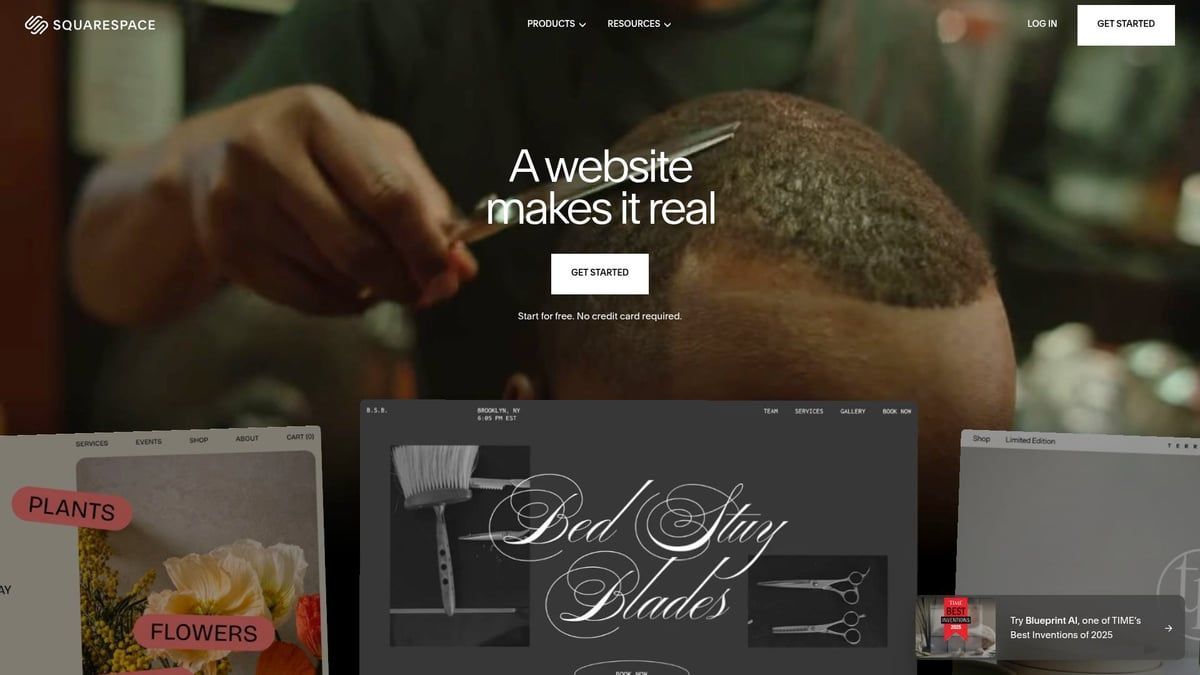 Barber cutting hair, website landing page promoting website creation.