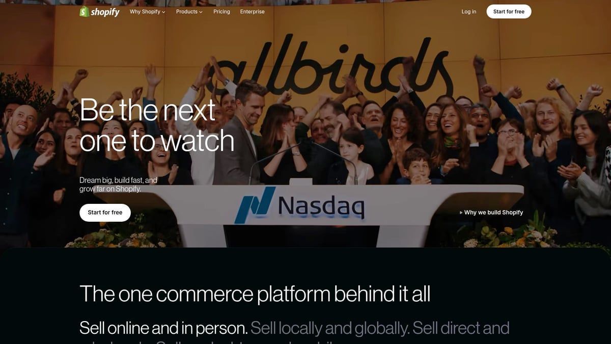 Shopify website with a crowd celebrating in front of the NASDAQ sign, promoting the platform.