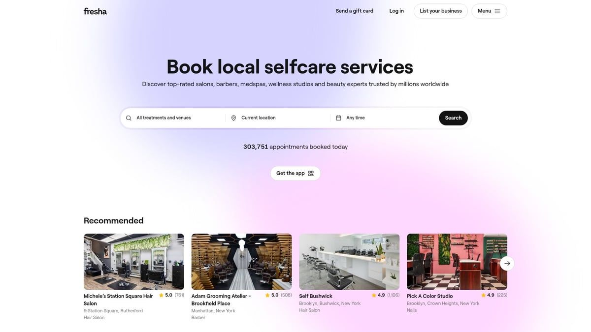 Website homepage: search bar for local self-care services. Four service previews with photos displayed below.