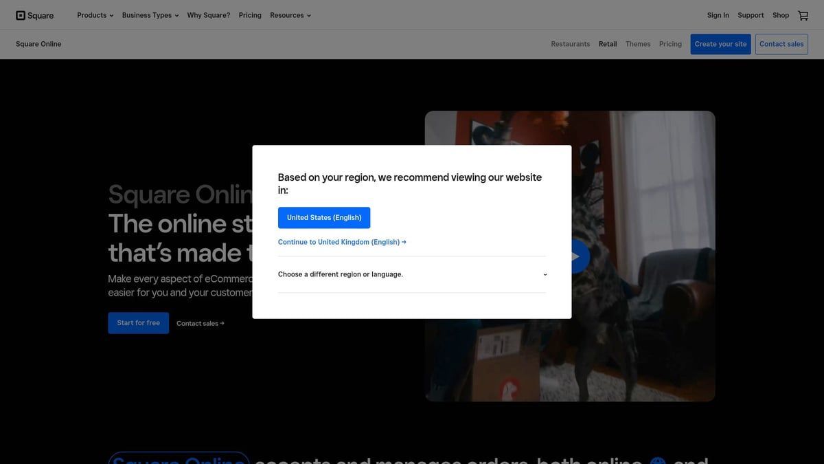A white pop-up window on a Square Online webpage with text and a blue button.