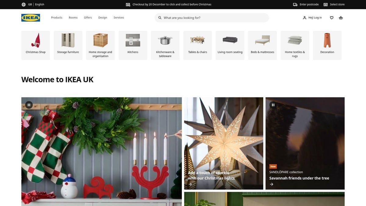 IKEA UK website homepage featuring Christmas decor and product category icons.