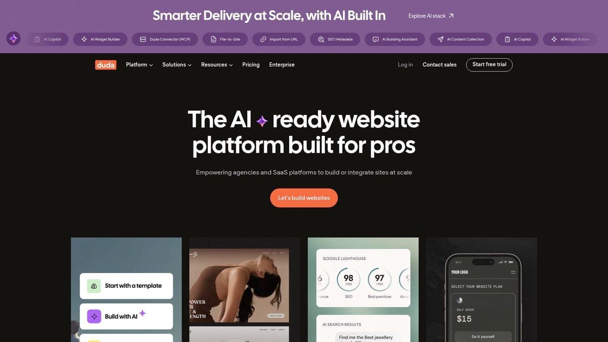 Website homepage for a platform built for pros with AI features. Dark background with orange and white text and several website previews.