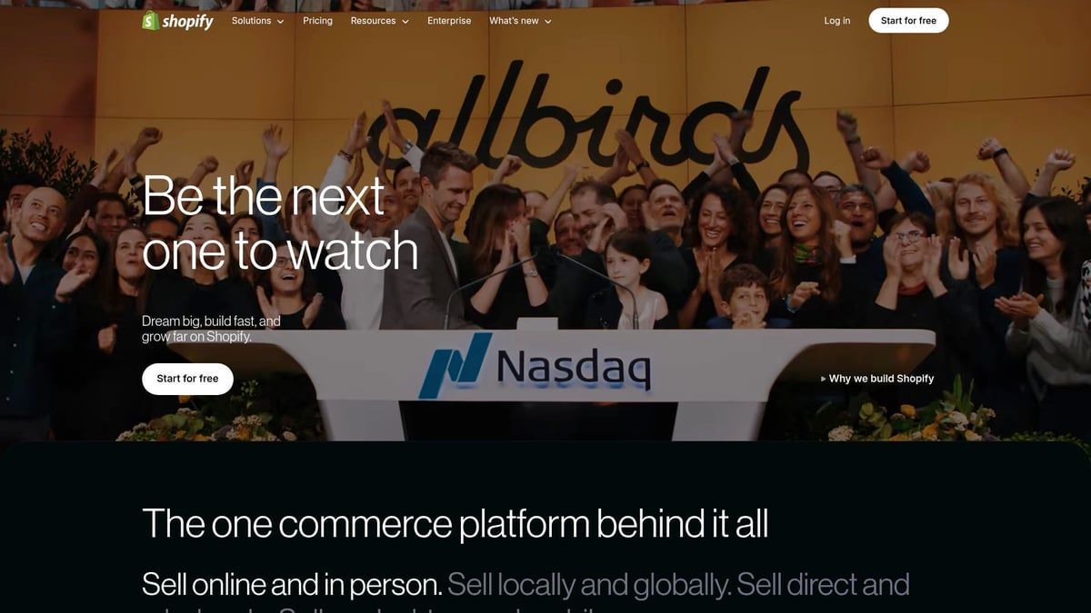 Shopify website featuring the Allbirds brand with a crowd celebrating in front of the NASDAQ sign.