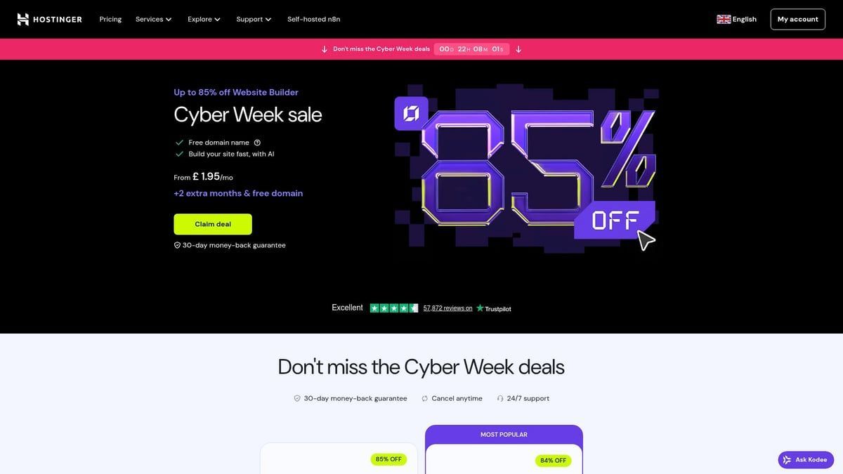 Cyber Week sale banner: 85% off, purple and white text, black background.