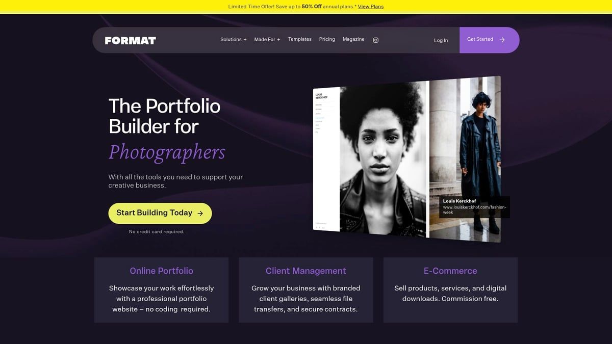 Format website homepage, purple and black design. Features photographs, text, and navigation links.