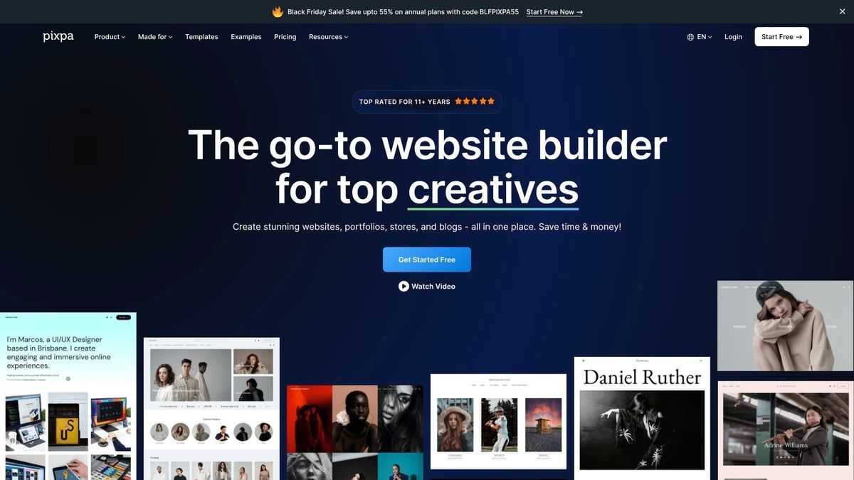 Website for creatives, dark blue background. Text says 