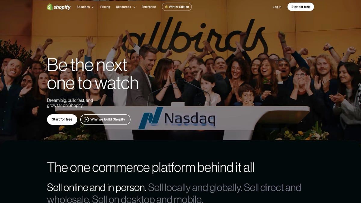 Shopify homepage with Allbirds branding and a Nasdaq stock ticker, advertising the commerce platform.