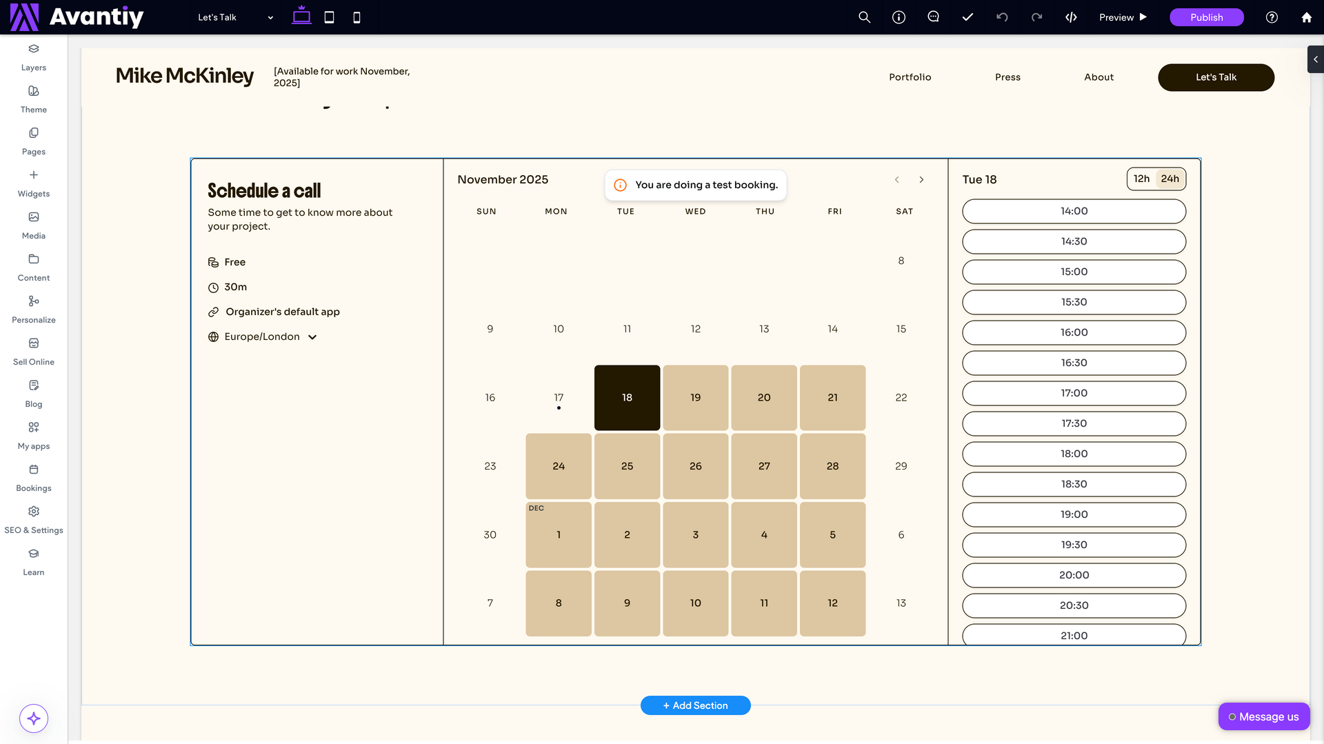 Calendar UI showing a weekly schedule, with a highlighted time slot in brown.