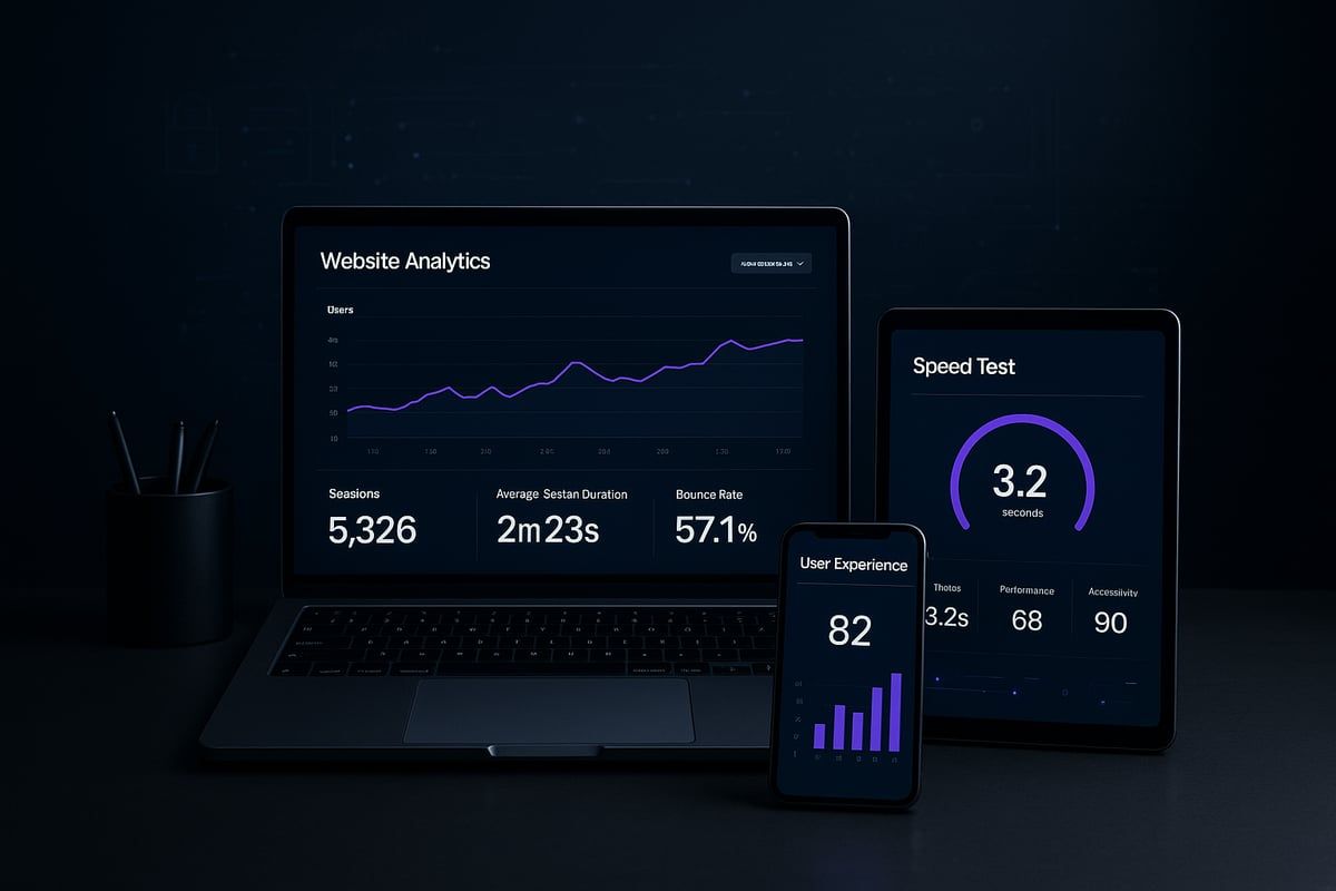 Laptop, tablet, and smartphone displaying data analytics on a dark desk.