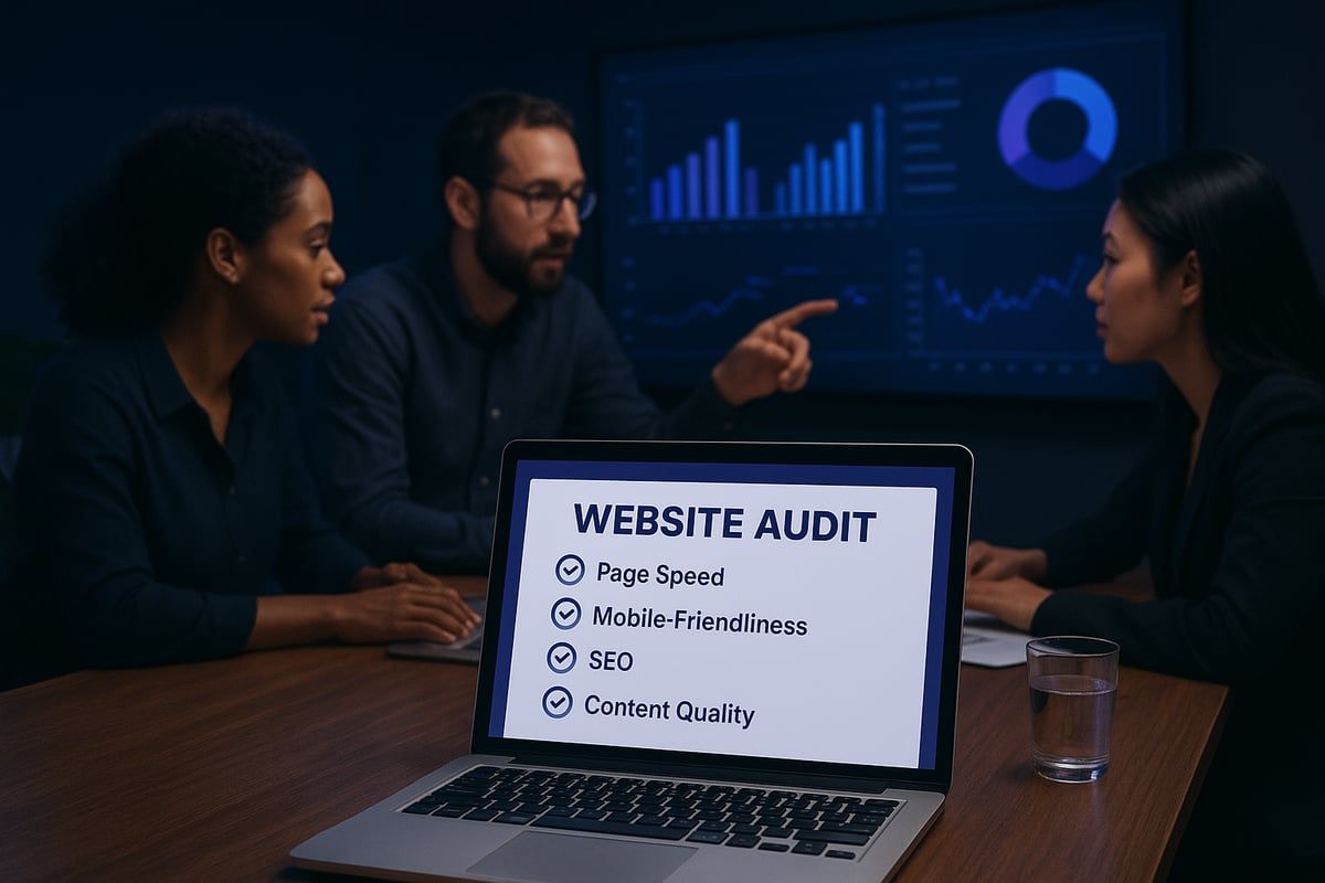 Three people in a meeting discussing a laptop displaying website audit checklist.