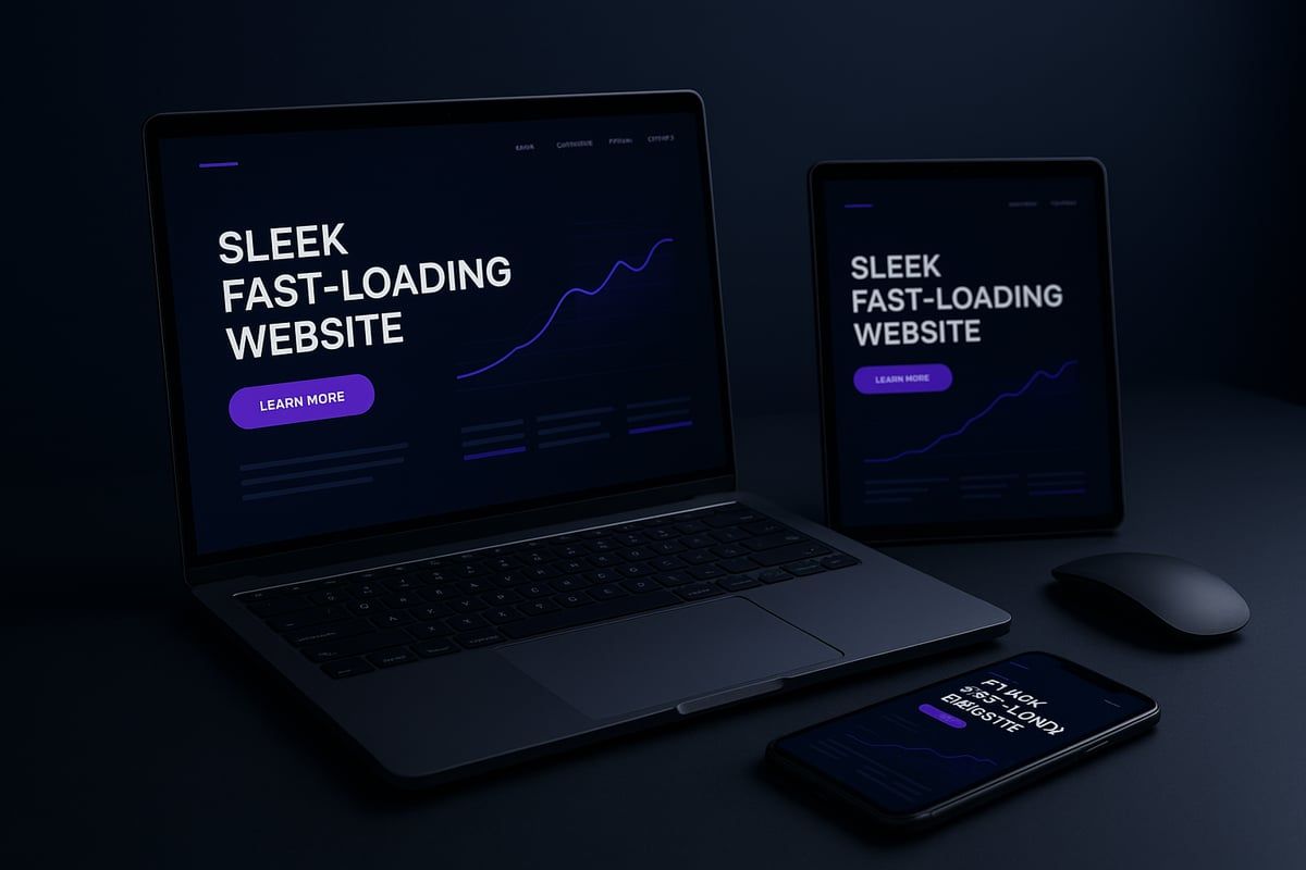 Laptop, tablet, and phone displaying a sleek website with a purple and dark blue color scheme.
