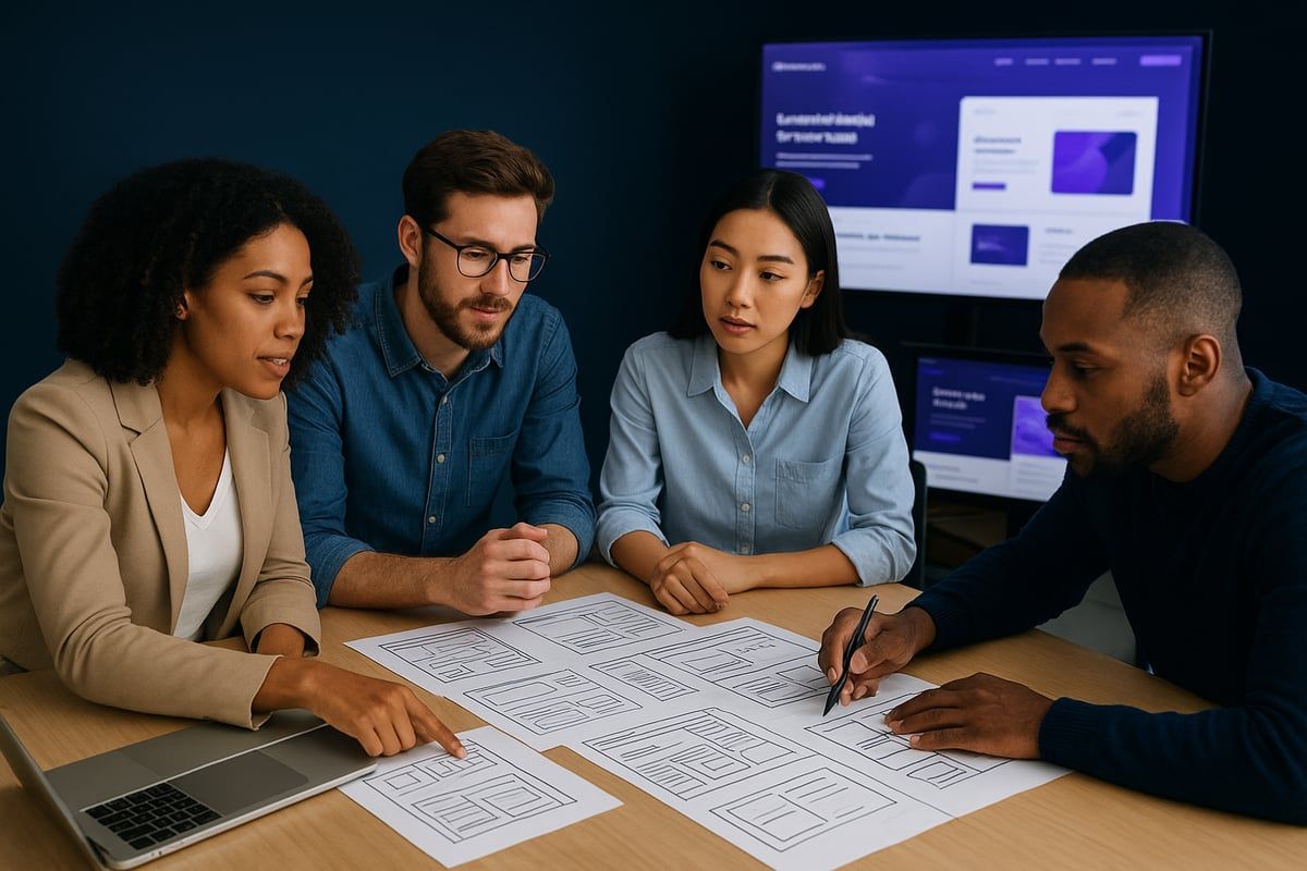 Four colleagues reviewing documents at a table, discussing website design displayed on a monitor.