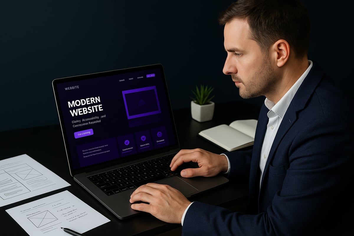 Man in suit working on laptop, website design displayed on screen.