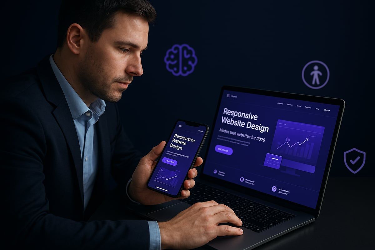 Man in suit uses laptop and phone displaying website with purple theme.