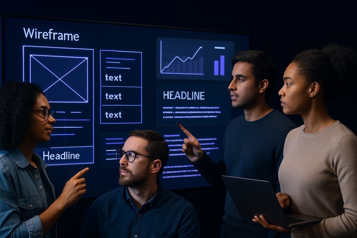 Four people collaborate in front of a digital wireframe, analyzing data, discussing designs in a dark room.