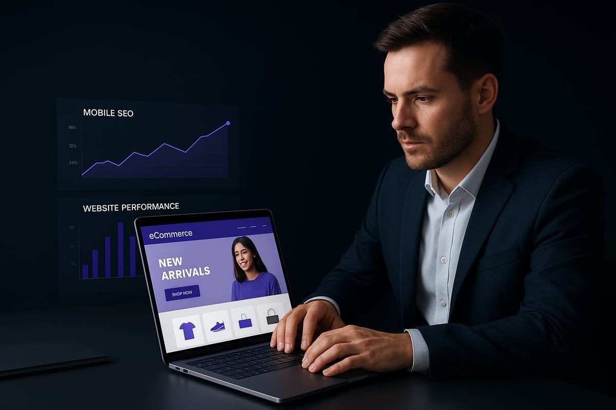 Man in a suit using a laptop, looking at a website and data graphs on a dark surface.