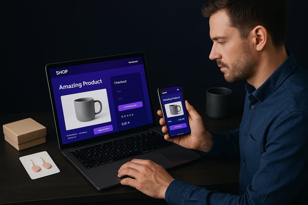 Man using laptop and phone to view a gray mug on an e-commerce website. Dark setting.