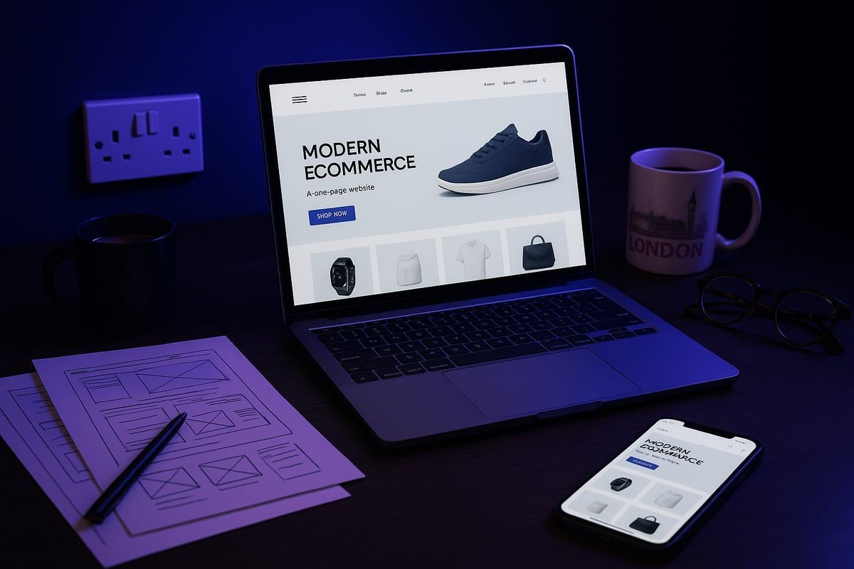 Laptop and phone displaying e-commerce website with product photos, papers, pen, mug, and power outlet on desk.