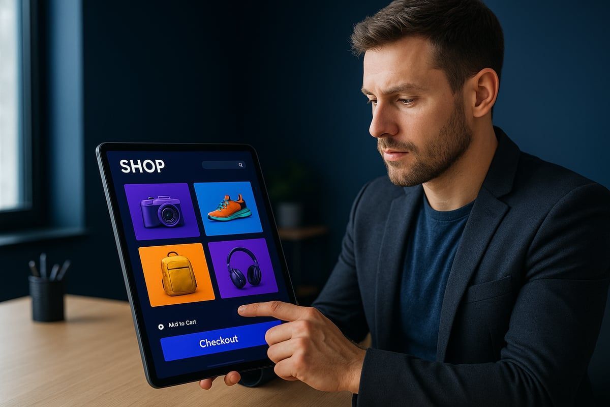 Man using tablet to browse an online shop, featuring icons for various products.