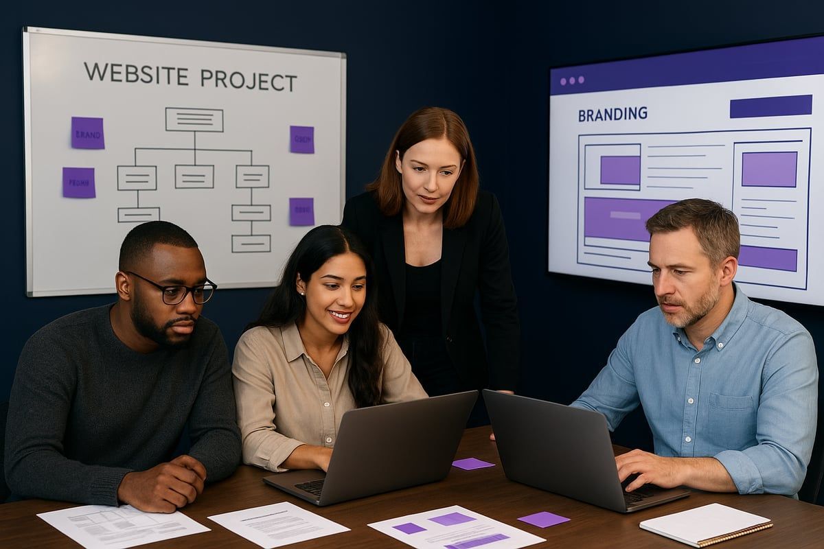 Four people collaborating on laptops in a meeting, with website project diagrams on the walls.