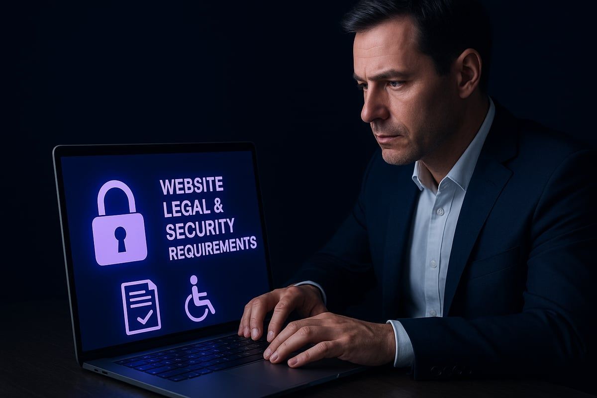 Man in suit working on laptop displaying