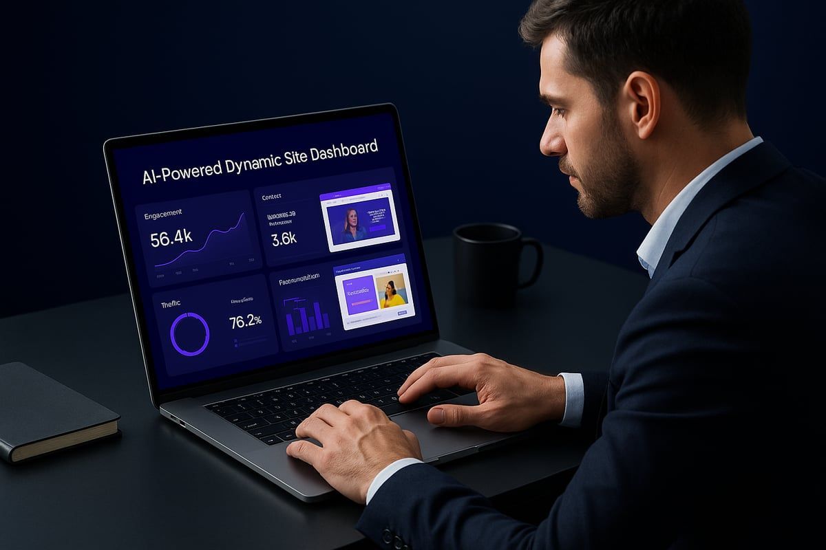 Man in suit using a laptop, reviewing AI-related data on a dark desk with a coffee mug.
