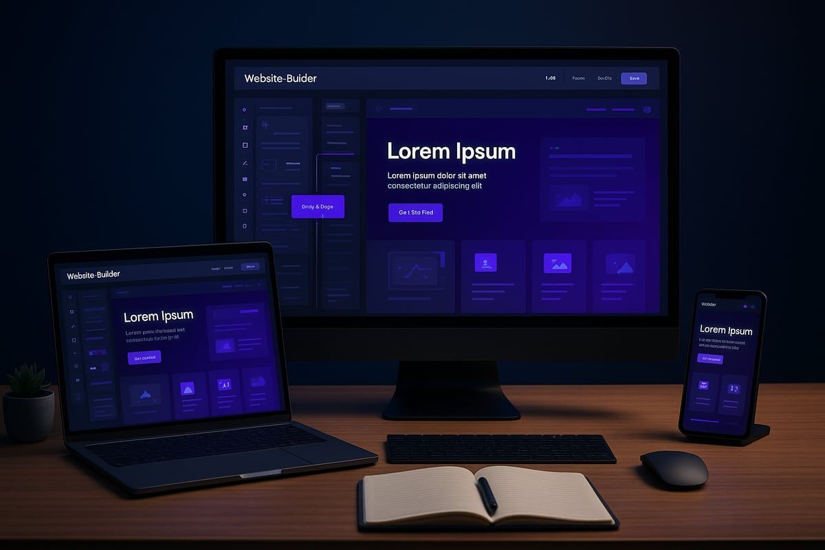 Dark-themed website design displayed on a laptop, desktop monitor, and smartphone, arranged on a wooden desk.