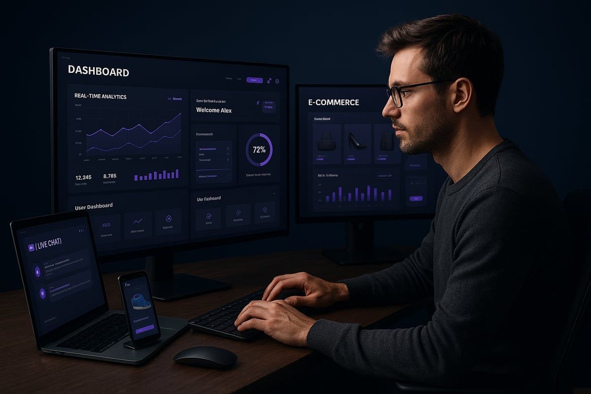 Man working on a computer setup with multiple screens displaying data graphs and charts.