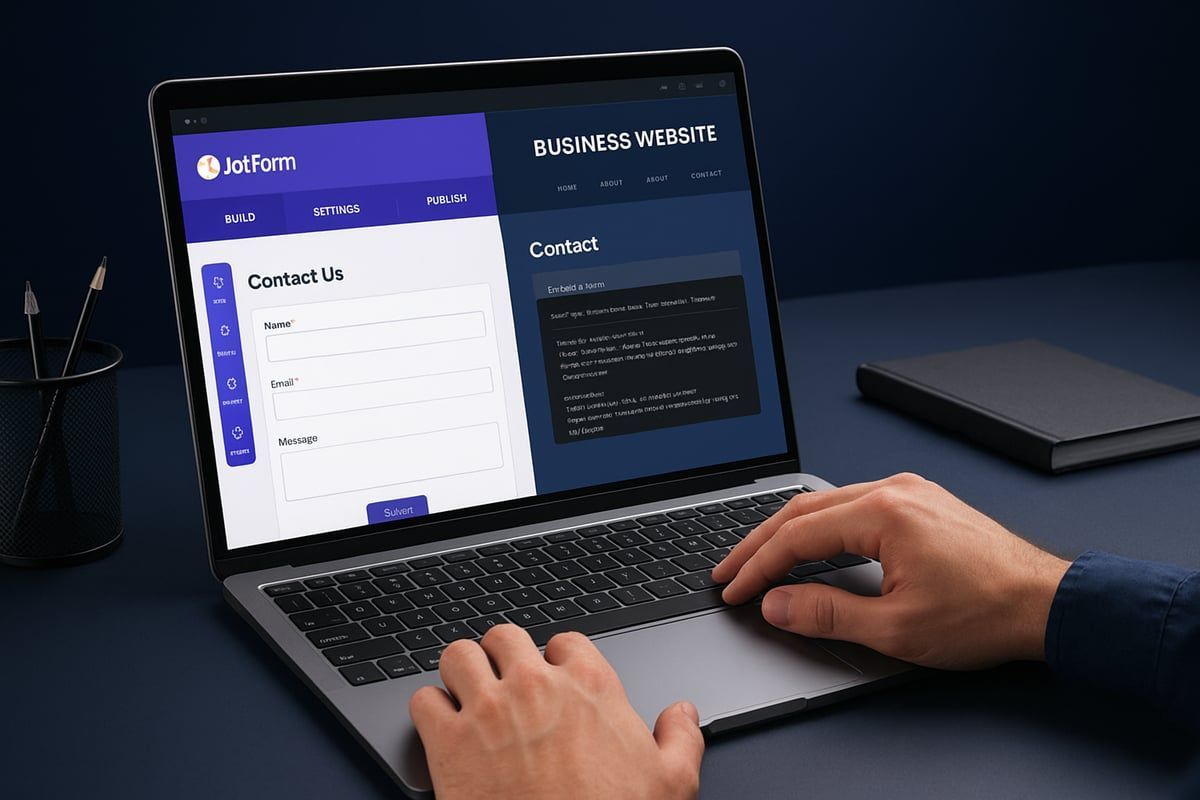 Person using a laptop displaying a website with a dark blue and white interface.