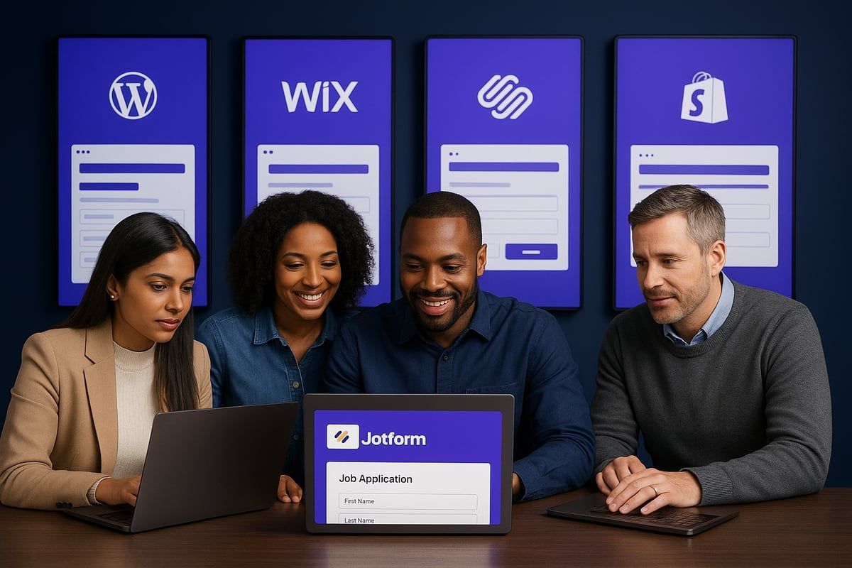 Four people looking at a tablet with website platforms above them: WordPress, Wix, Squarespace, and Shopify.