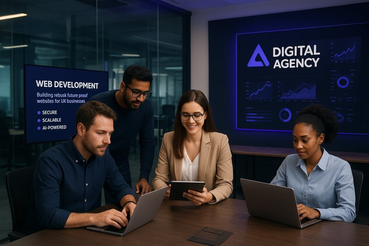 Four colleagues collaborate at a table in a modern office, laptops and a tablet visible. A presentation is on display.