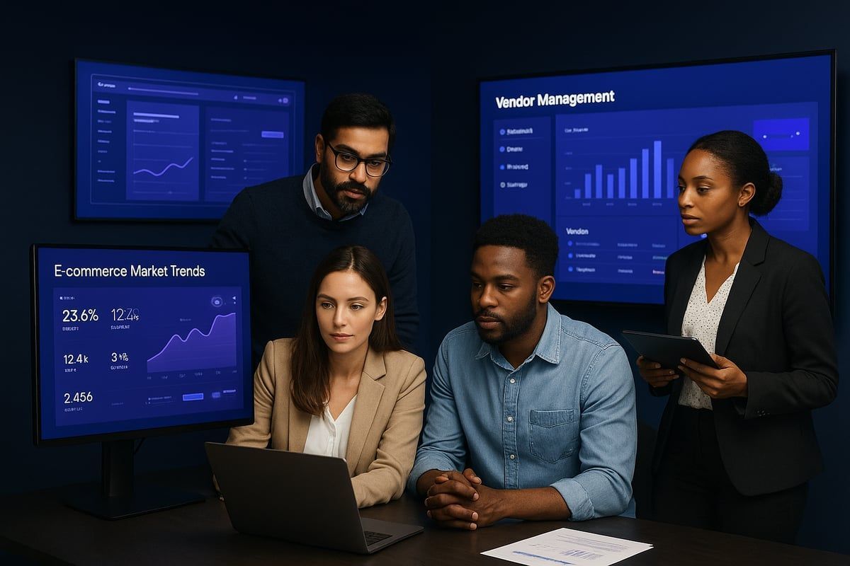 Team of people analyzing data on computer screens in a dark office.