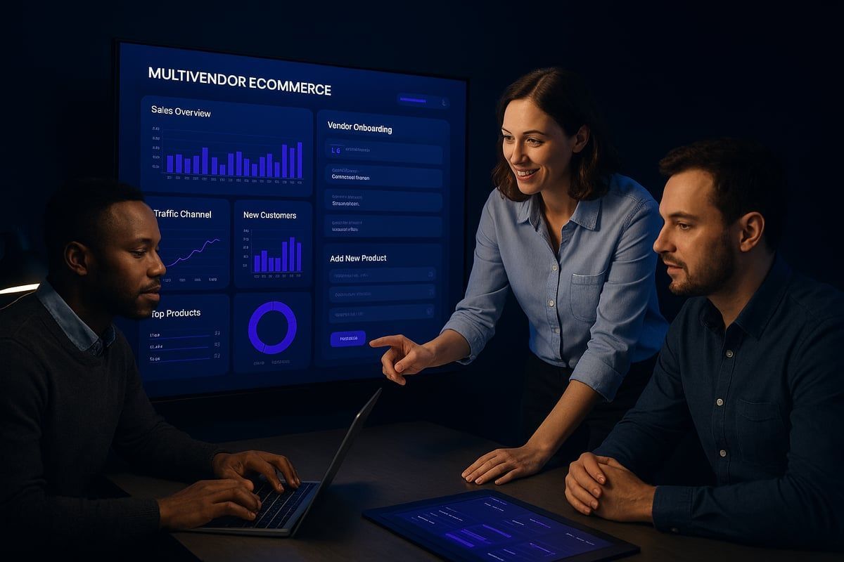 Three people analyze data displayed on a large screen and a laptop. A woman points at the screen, smiling. Dark room, blue hues.