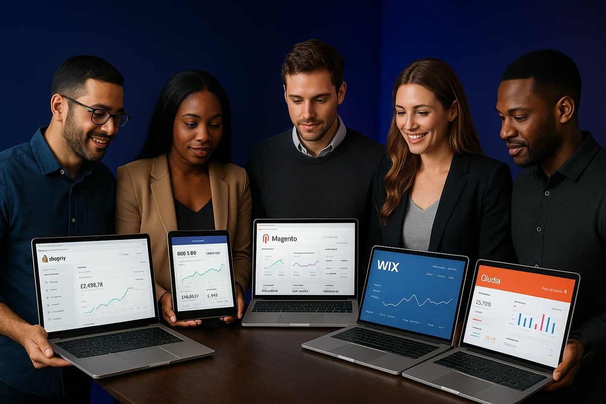 Five people looking at laptops and a tablet, all displaying financial data charts. Dark blue background.