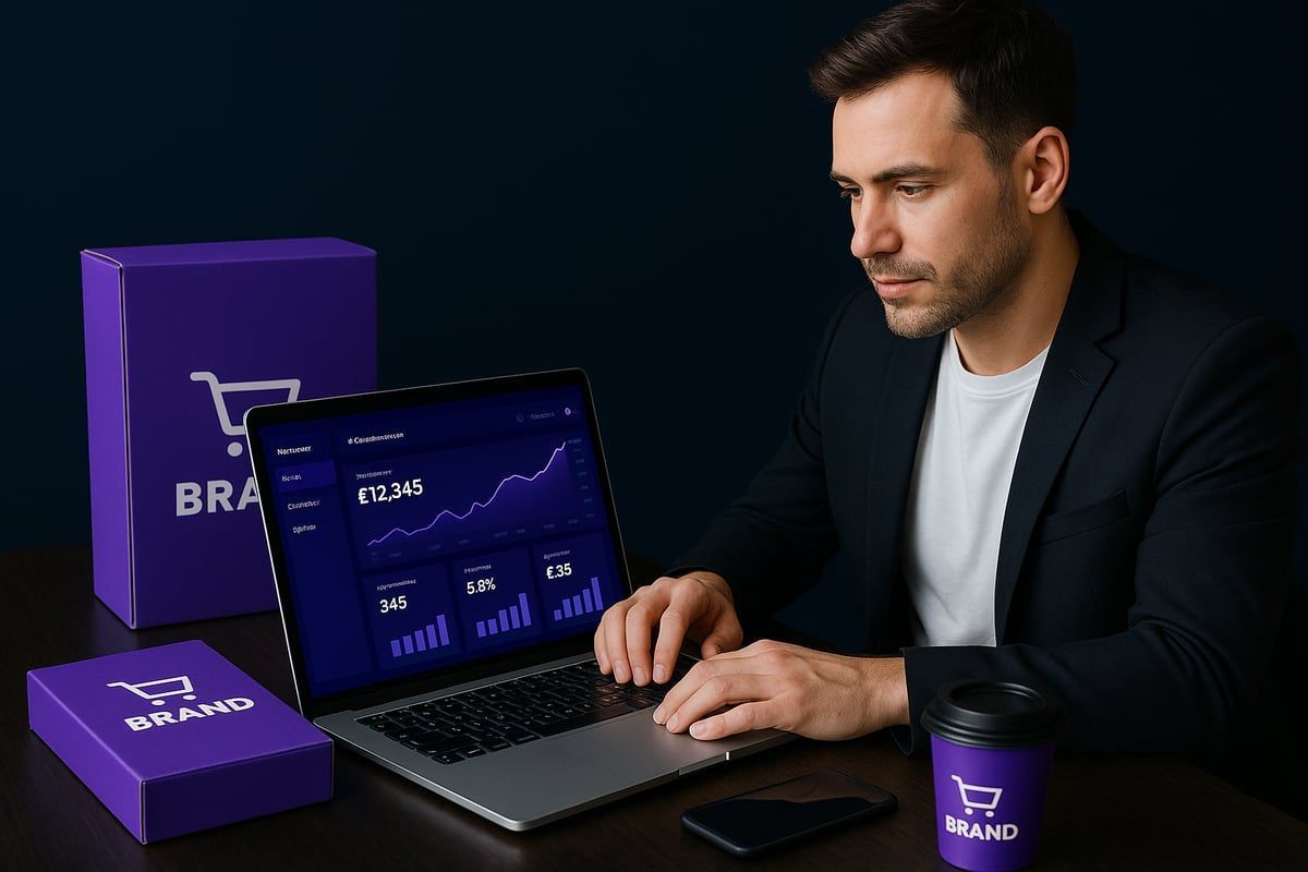 Man working on laptop, graphs displayed, boxes with shopping cart logo, coffee cup.