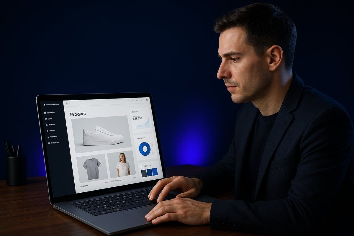 Man in suit using a laptop, possibly managing an online store.