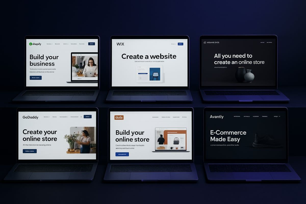 Six laptops displaying website interfaces on a dark background.