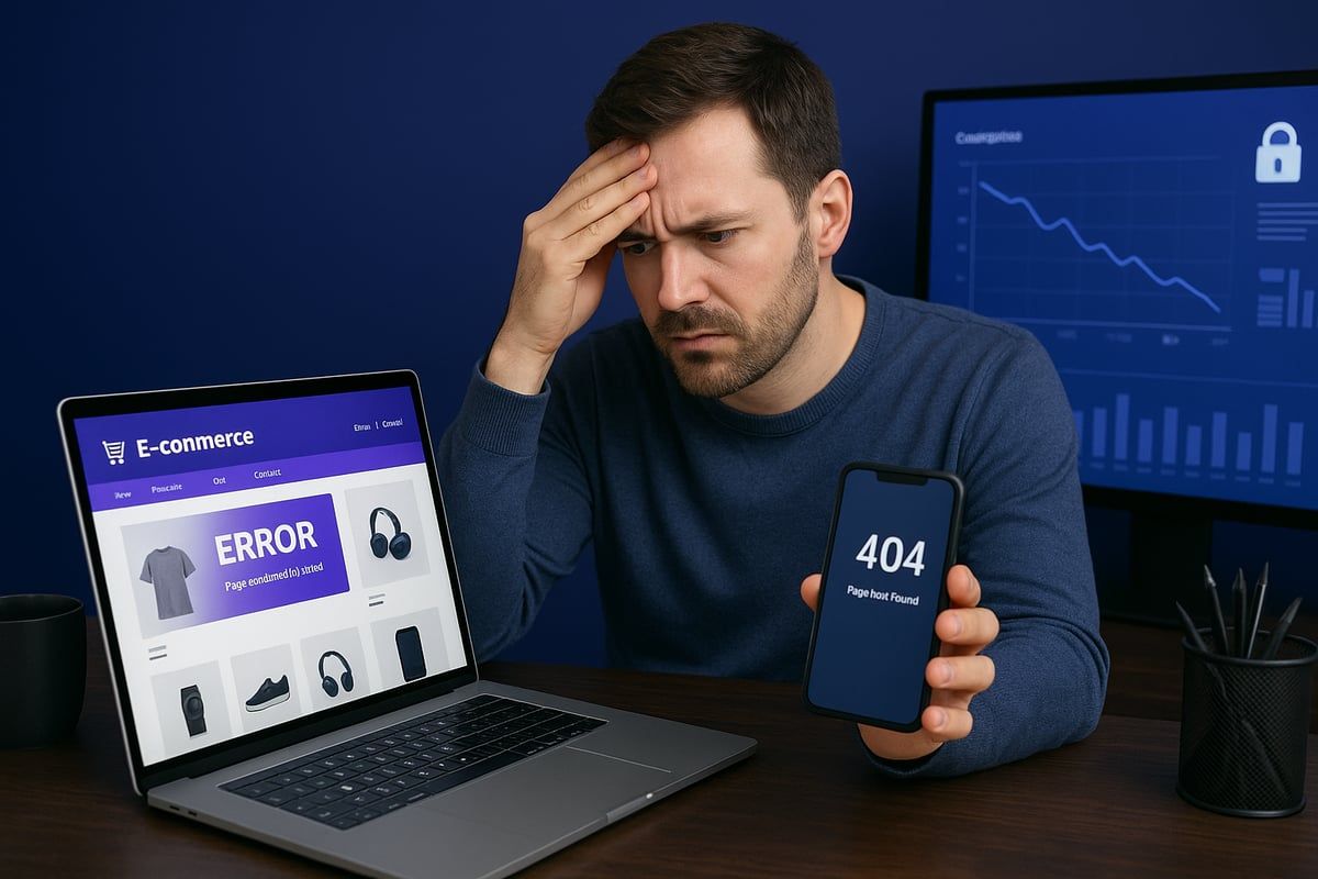 Man stressed with website error on laptop and 404 error on phone. Computer graph shows decline.