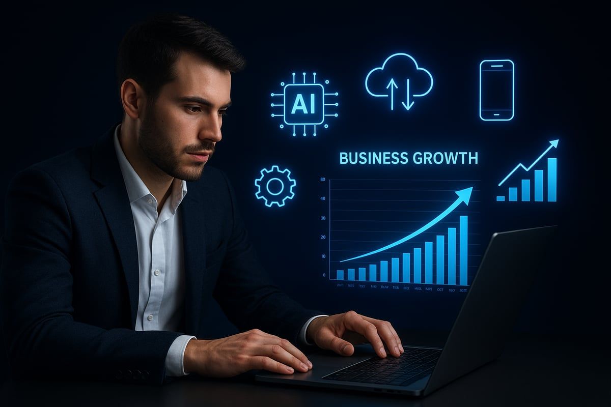 Man in suit working on a laptop, surrounded by glowing business growth icons.