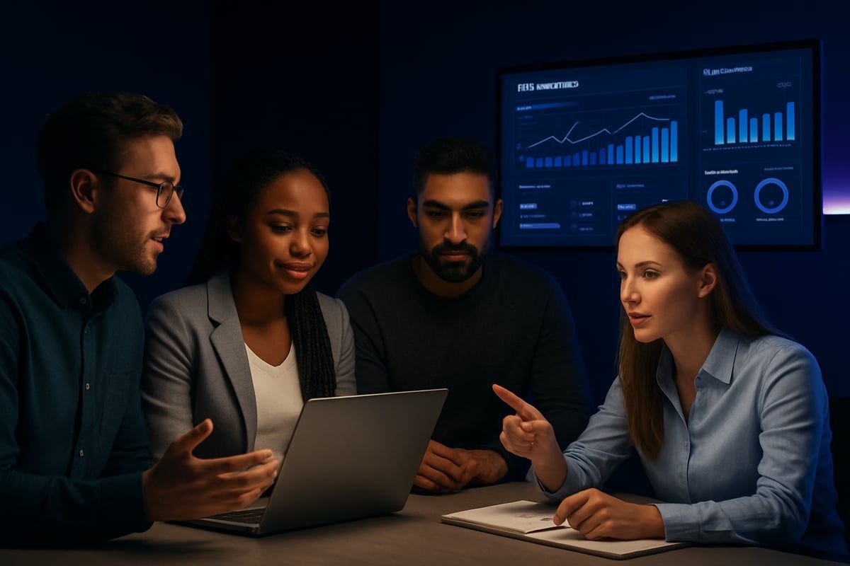 Four people looking at a laptop and screen with data charts in a dark room.