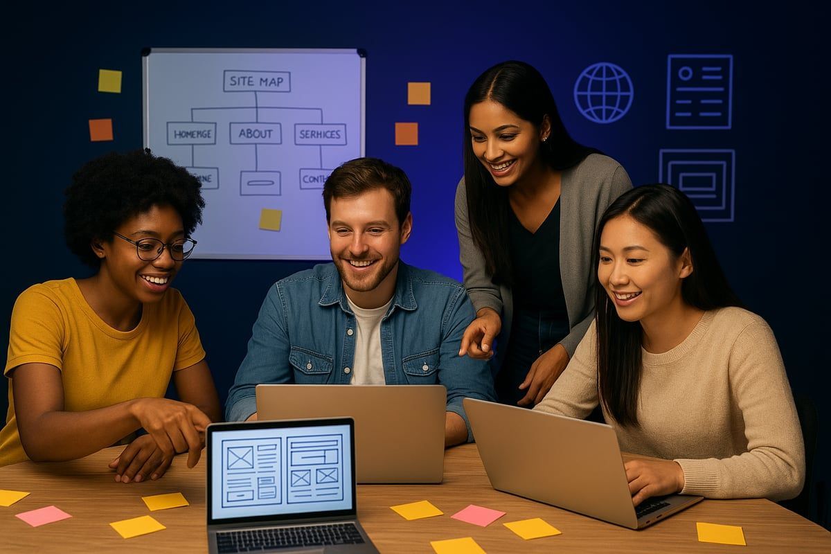Four people collaborating on laptops, discussing website design ideas at a table with sticky notes, lit by soft lighting.