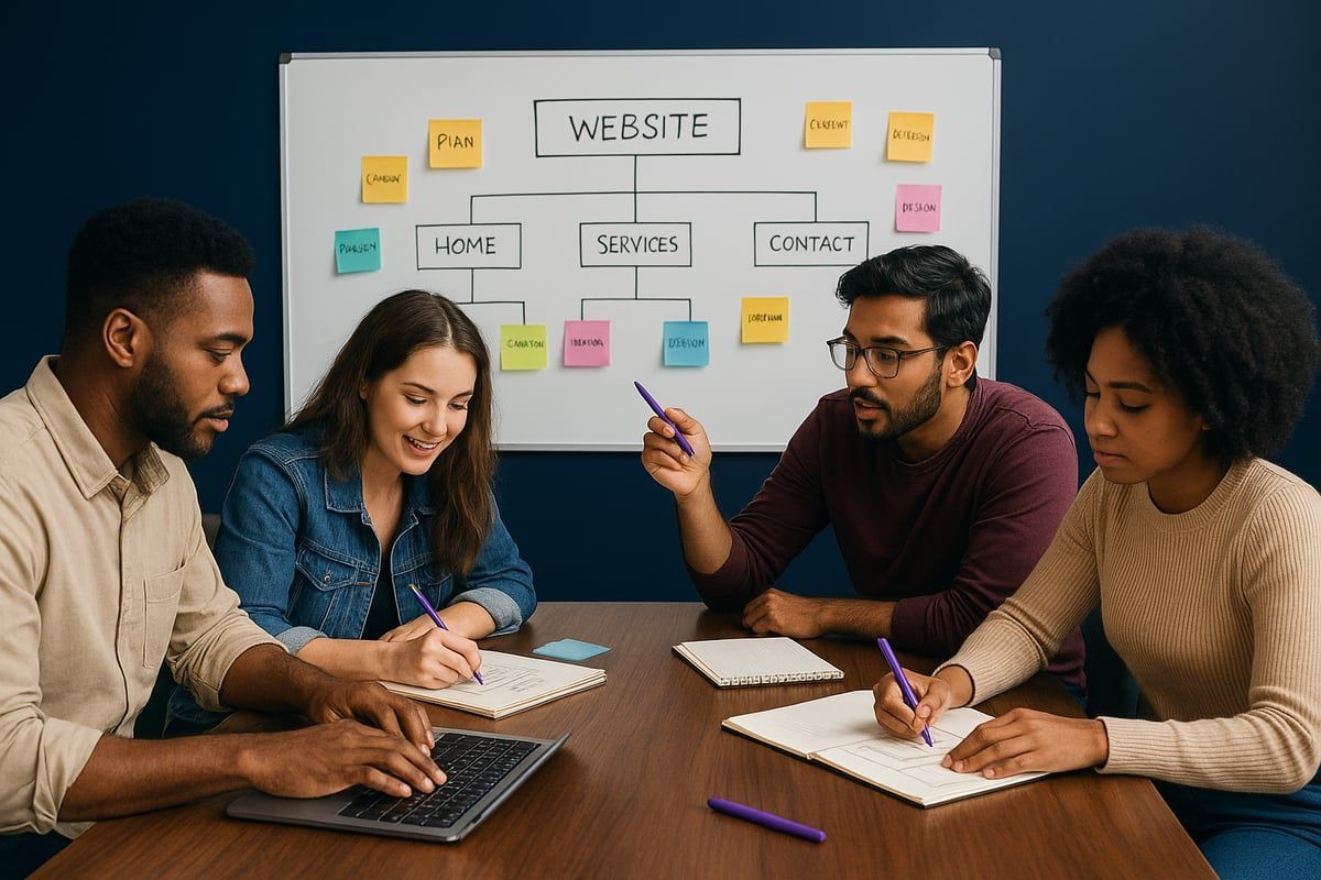 Four people around a table planning a website with notes on a whiteboard.