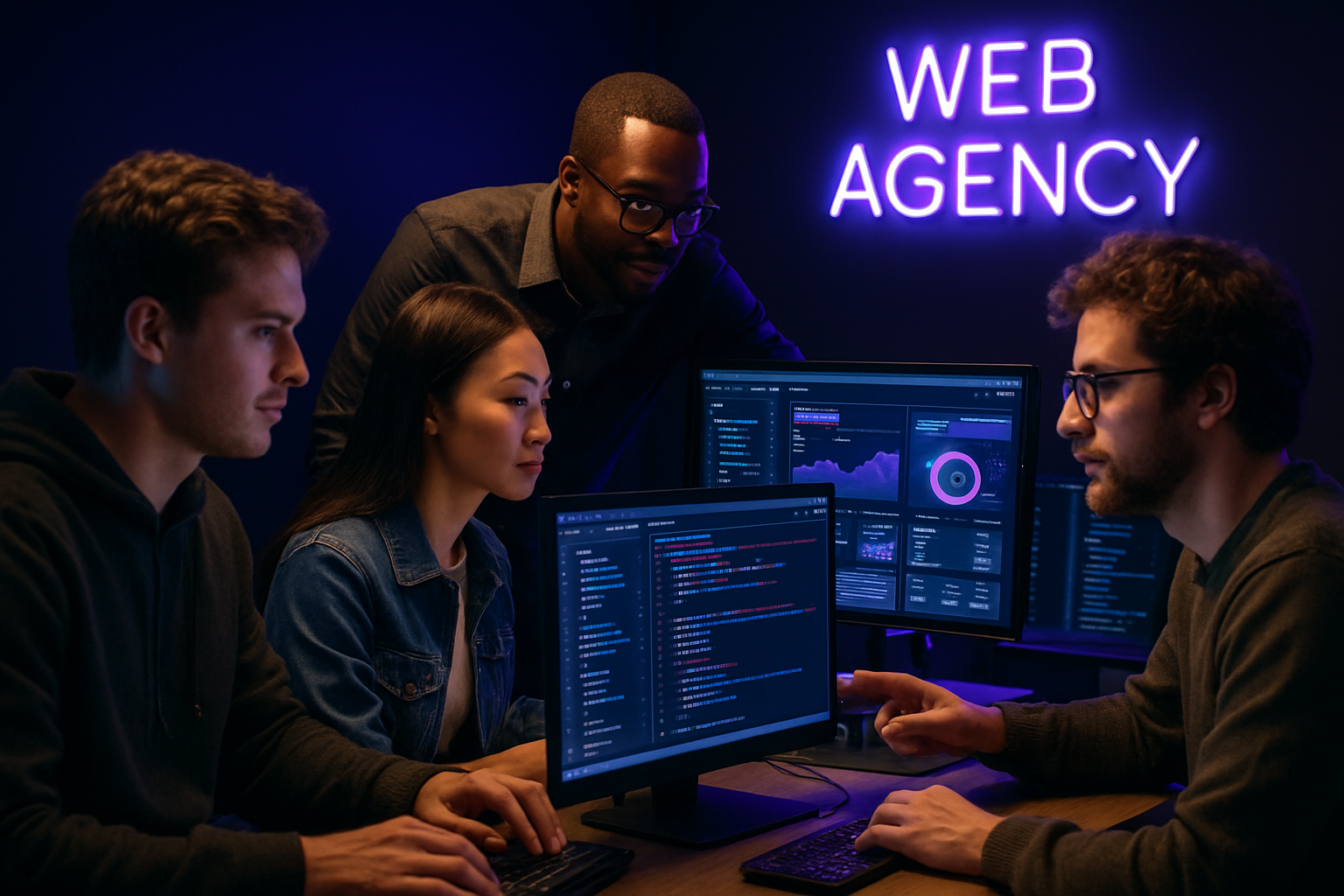 A group of people are working on computers in a web agency.