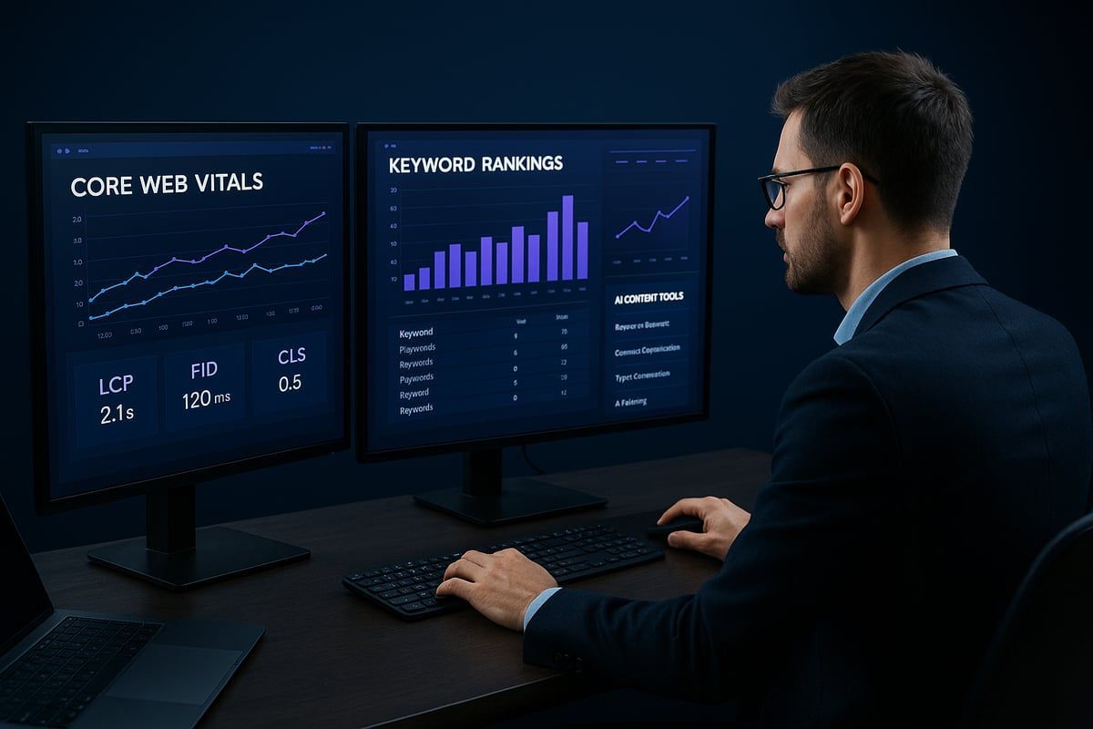 Man analyzing data on two computer monitors, dark setting.