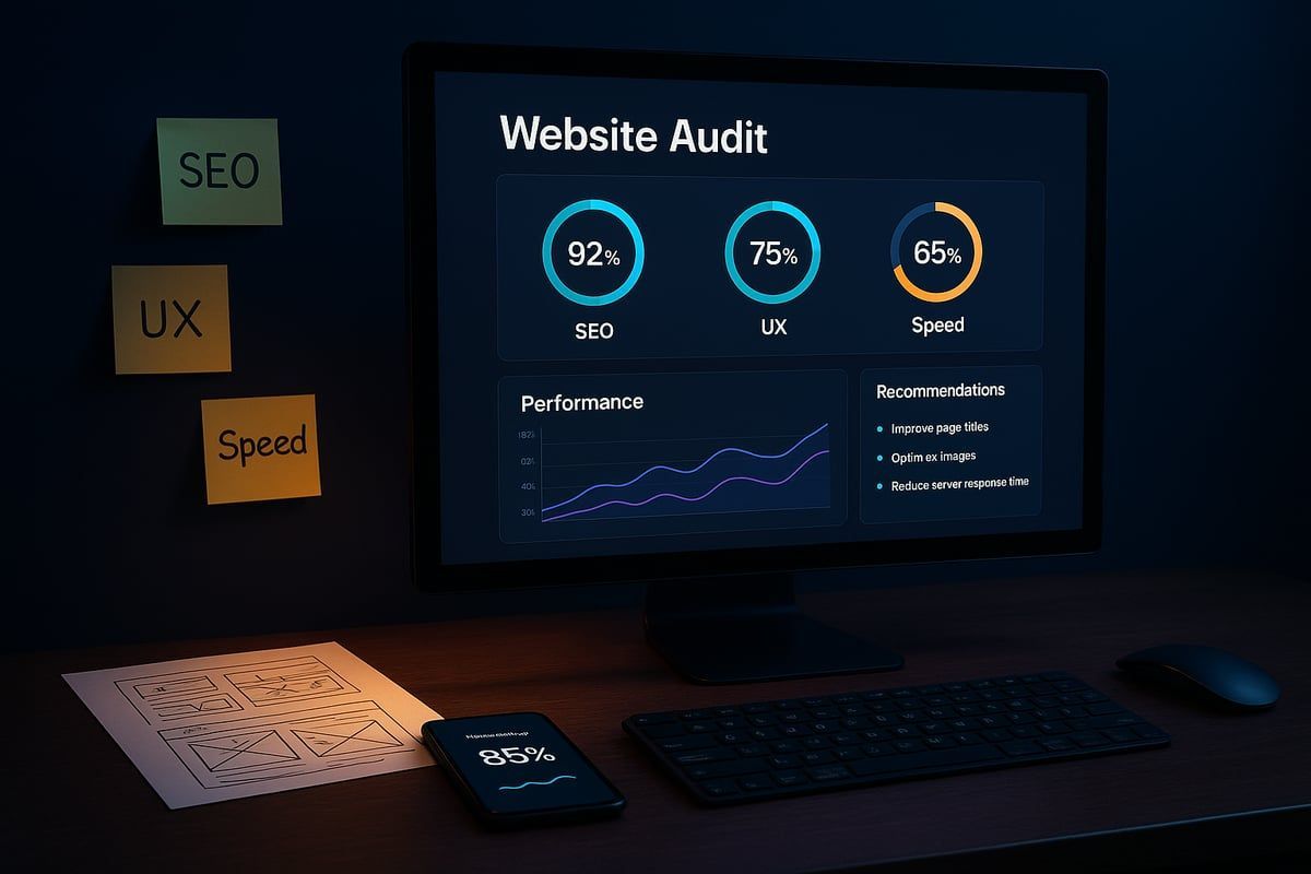 A website audit displayed on a monitor with scores for SEO, UX, and speed. Sticky notes: SEO, UX, Speed.