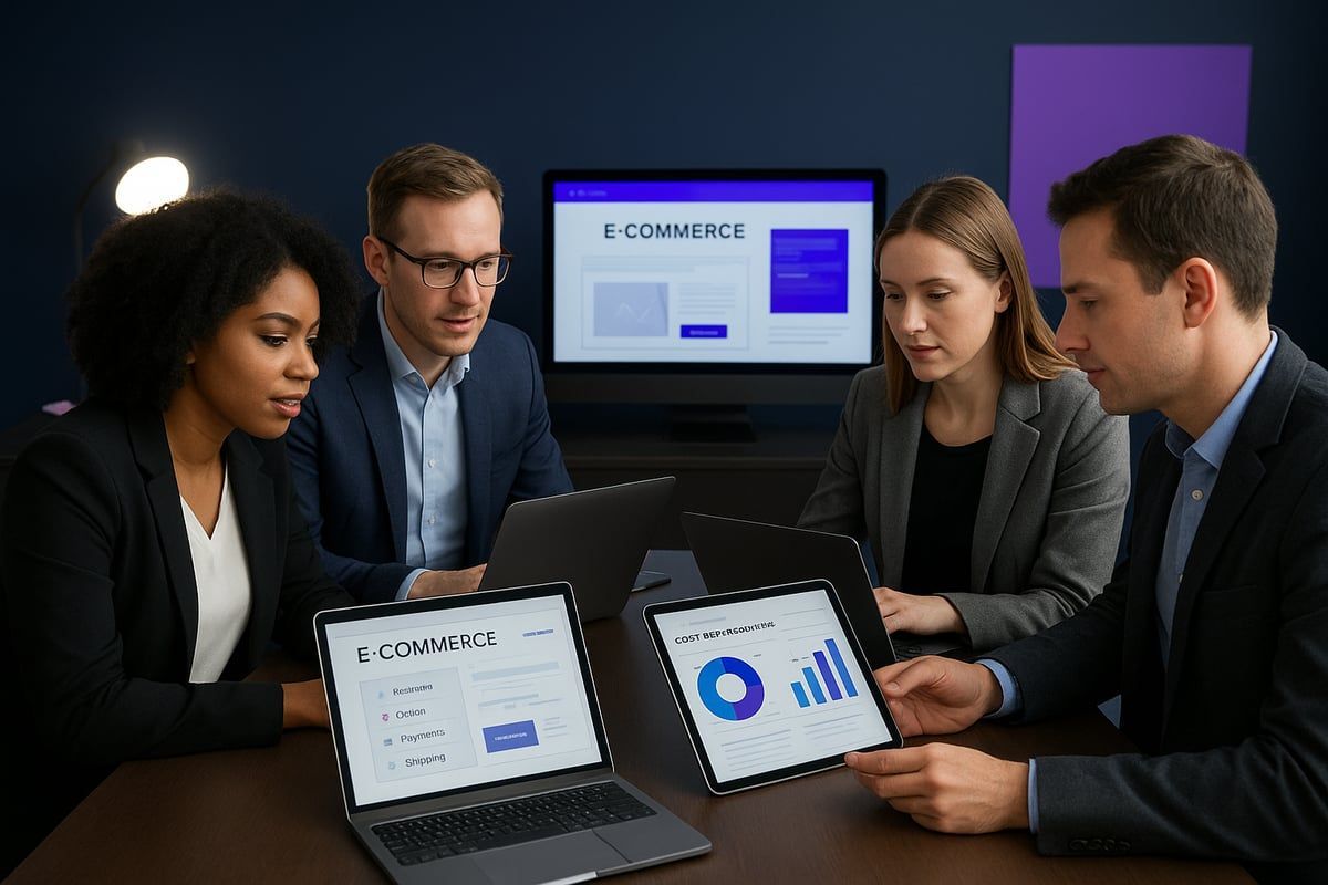Four people in business attire in a meeting, reviewing screens displaying charts and data, in an office.