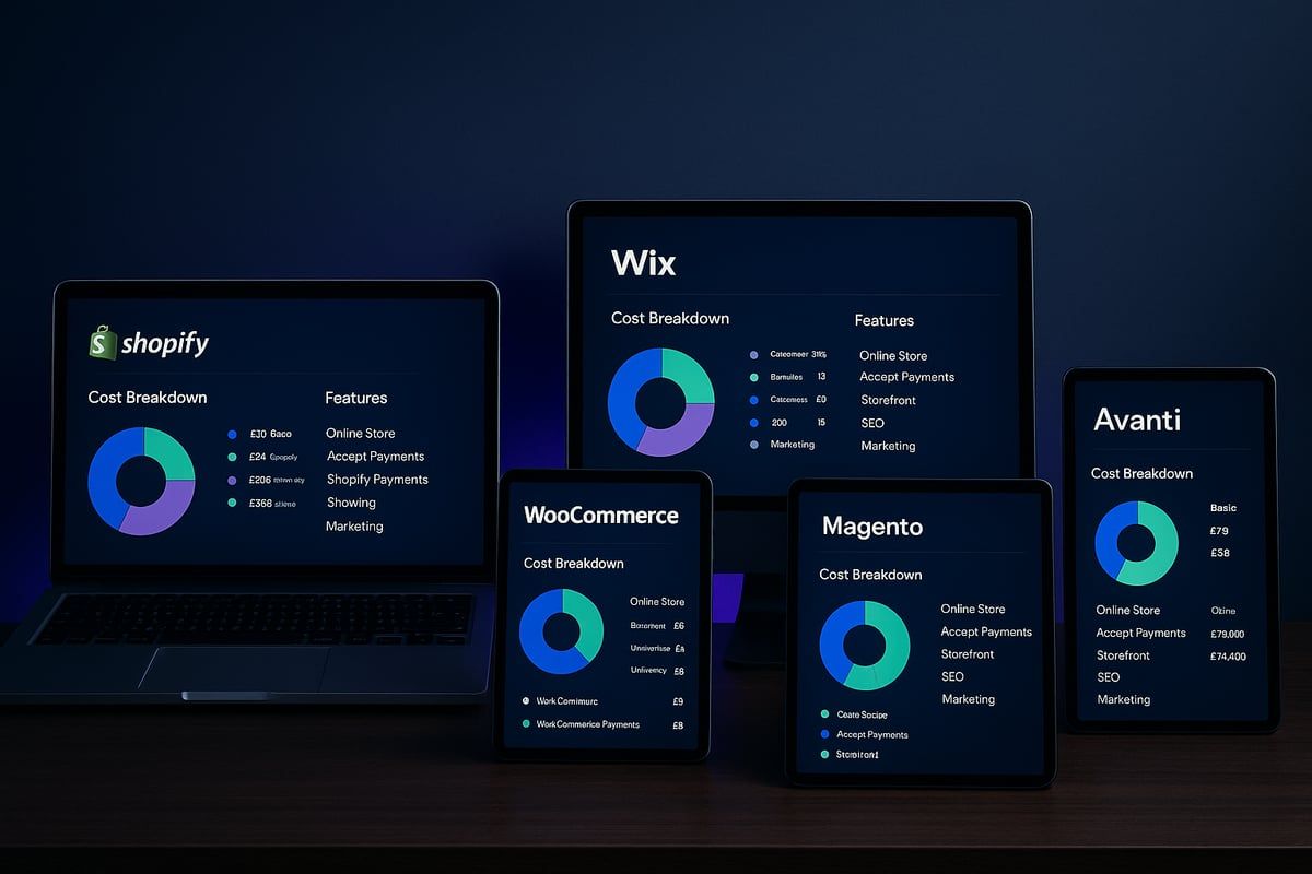 Shopify, Wix, WooCommerce, Magento and Assets dashboards on electronic devices, featuring data visualizations.